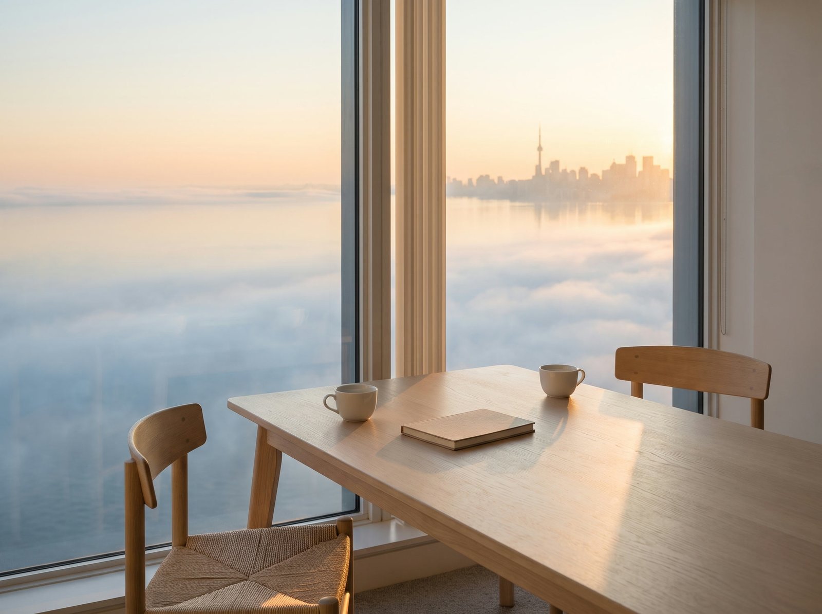 A quiet table by a window, set with two coffee cups, looking out over misty Lake Ontario and the Toronto skyline