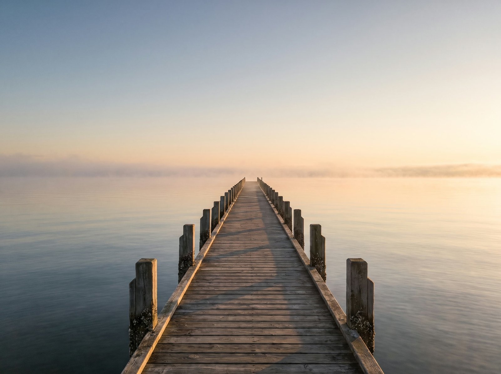 A long wooden pier reaching out over calm water as morning fog lifts